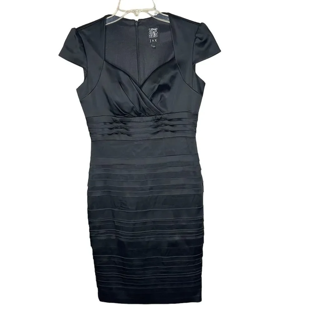 JAX Women's Black Knee Length Cocktail Dress Size 8 Cap Sleeve V-Neck - Picture 2 of 7